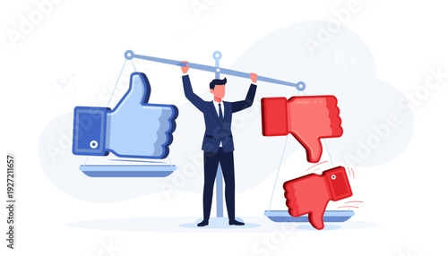 Businessman in a Suit Balancing Large Blue Thumbs Up and Red Thumbs Down Symbols on a Scale, Representing Social Media Feedback, Customer Satisfaction, Online Reputation, and Decision Making.