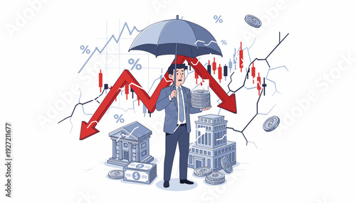 Businessman holding an umbrella to protect his money and savings from a stock market crash and economic crisis, defensive investment strategy, financial risk management, and wealth protection.