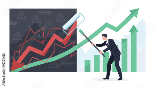 Businessman Painting a Positive Green Growth Graph Over a Negative Red Crisis Chart with a Roller, Metaphor for Business Recovery, Strategic Problem Solving, and Successful Crisis Management.