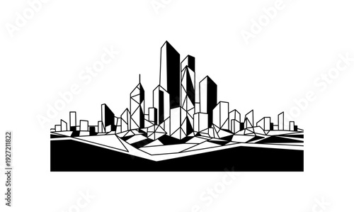 Abstract geometric cityscape in black and white with skyscrapers