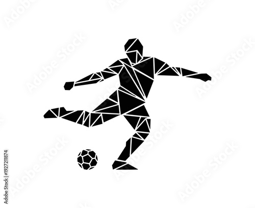 Geometric polygon soccer player kicking ball in silhouette style