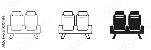 Airplane Seats Line And Solid Icon Set. Airline Seating, Travel Comfort, And Passenger Accommodation Outline And Silhouette Symbol Collection. Isolated Vector Illustration