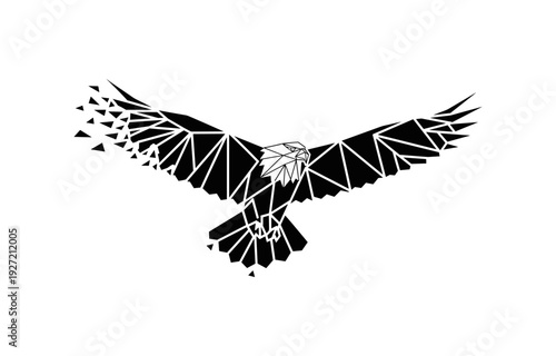Geometric eagle with outstretched wings in fragmented polygonal design on white background