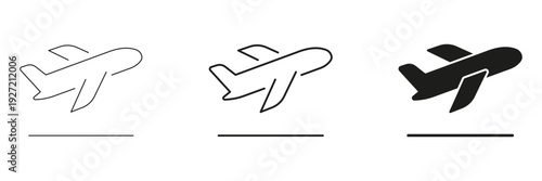 Airplane Flight Path Line And Solid Icon Set. Aviation, Travel, And Transportation Outline And Silhouette Symbol Collection. Airplane Journey And Flight Route. Isolated Vector Illustration