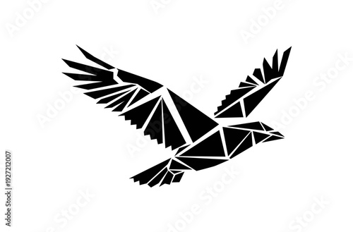 Geometric origami style bird in flight with black triangular patterns