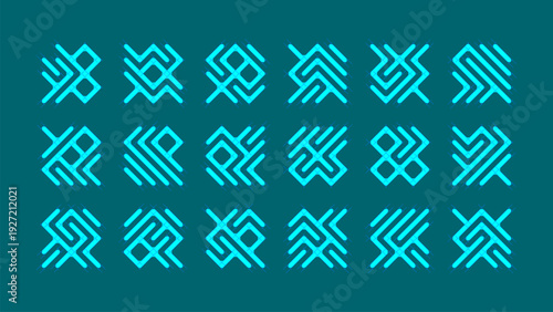 A set of abstract geometric symbols, designed in a modern, minimalist style against a dark background. Bright neon lines form unique signs reminiscent of digital and technological pictograms.