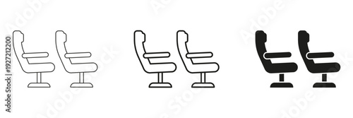 Airplane Seats Line And Solid Icon Set. Travel Comfort, Airline Seating, And Passenger Experience Outline And Silhouette Symbol Collection. Isolated Vector Illustration