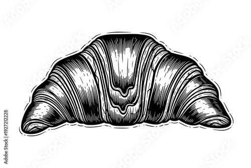 Vintage engraved croissant sketch in black and white with detailed texture