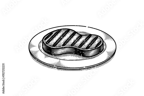 Vintage engraved style beef steak on round plate with grilled marks