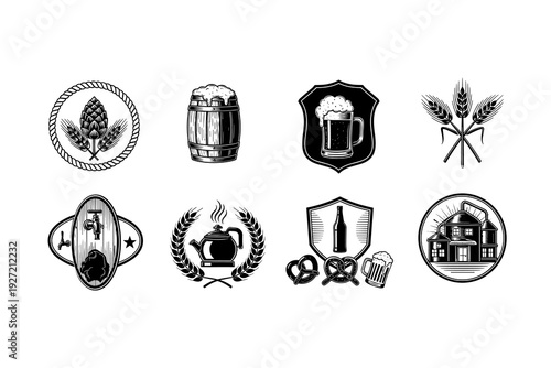 Vintage brewery emblems featuring hops, barrels, and beer mugs in black and white