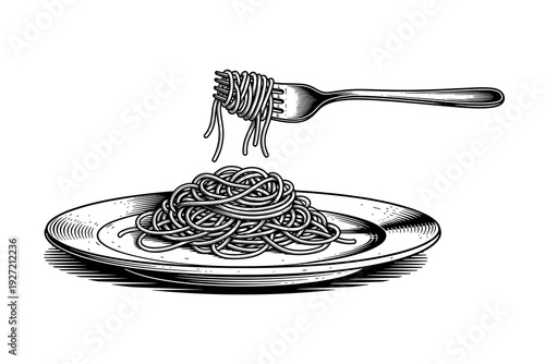 Hand drawn pasta on plate with fork lifting spaghetti