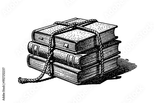 Vintage engraved style stack of books bound with rope