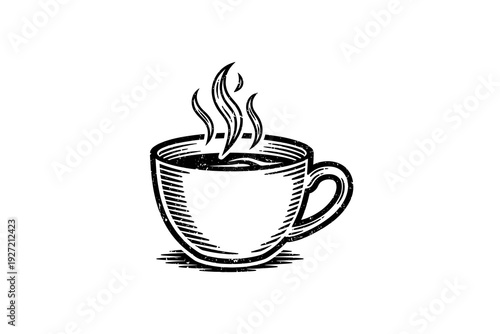 Rustic coffee cup with steaming hot beverage in vintage woodcut style