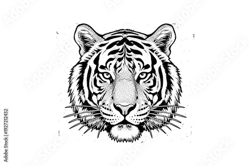Detailed ink style tiger face with tribal patterns and intense gaze