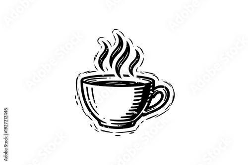 Hand drawn coffee cup with steam in black and white engraving style