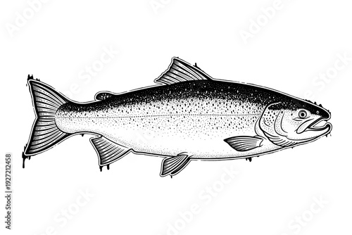 Detailed black and white drawing of a salmon with intricate patterns