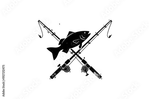 Vintage fishing logo with crossed rods and fish silhouette for outdoor enthusiasts