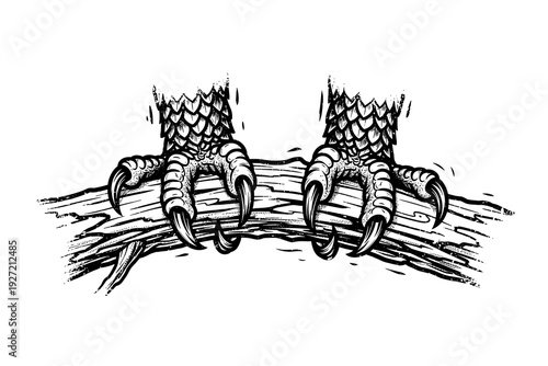 Intricate black and white bird talons gripping branch