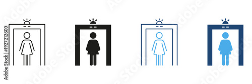 Female Security Checkpoint Icon Set. Airport Security Screening And Metal Detector Outline And Silhouette Symbol Collection. Safety And Security Measures. Isolated Vector Illustration