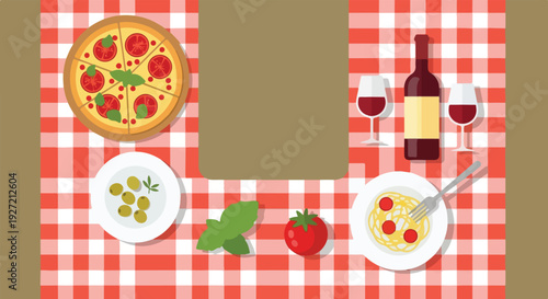 An overhead vector illustration showcases a delicious Italian meal laid out on a table with a red and white checkered tablecloth.
