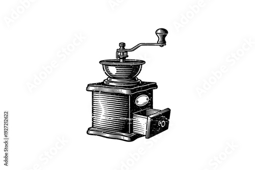 Vintage hand crank coffee grinder drawing in retro engraving style for cafes and kitchens
