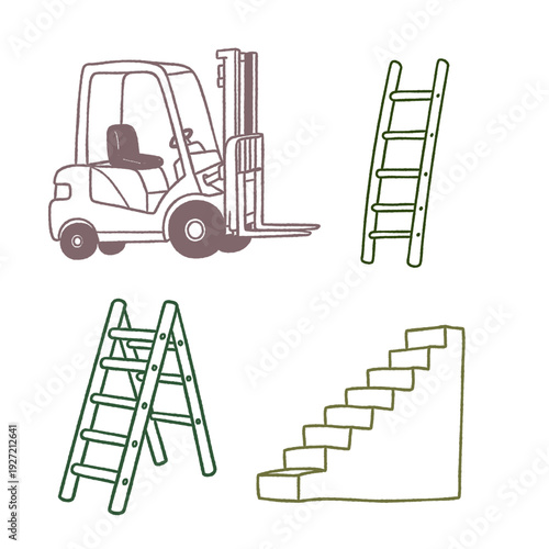 A forklift is shown in the top left corner of the image. A ladder is shown in the bottom left corner
