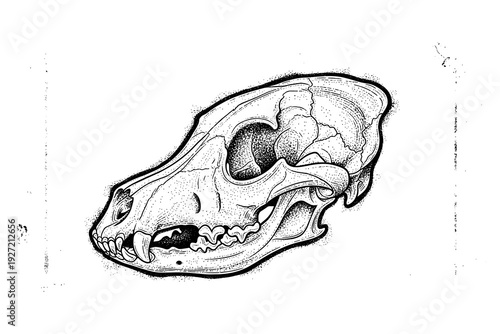 Intricate black and white animal skull artwork with detailed line art
