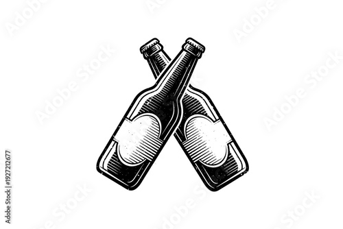 Crossed beer bottles in vintage hand drawn style with blank labels
