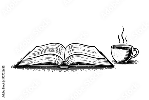 Vintage book and coffee cup in engraved style for cozy reading atmosphere