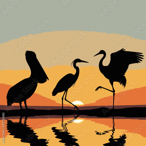 Three Silhouetted Birds Standing Near Water.