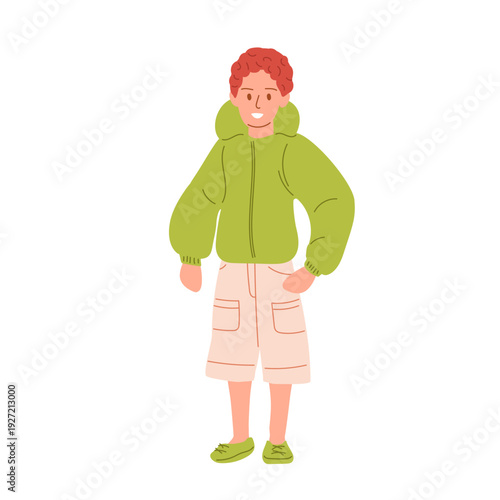 Smiling boy with red hair in casual walking clothes standing full length happy expression. Vector illustration about childhood.