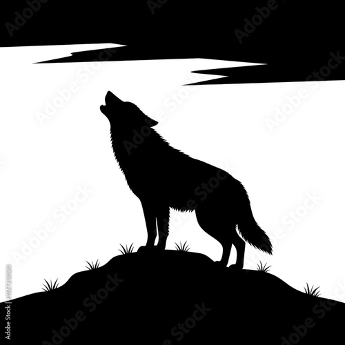 Wolf Howling at the Moon Silhouette.