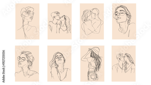 A series of black and white drawings of people. The drawings are of people kissing and hugging..