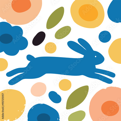 A rabbit is shown in a painting with a flower and leaf background. The rabbit is blue and is running