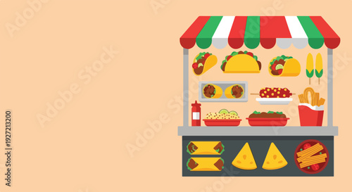 A colorful flat vector illustration showcases a bustling Mexican food stall overflowing with a variety of delicious tacos, burritos, churros, and other traditional dishes.