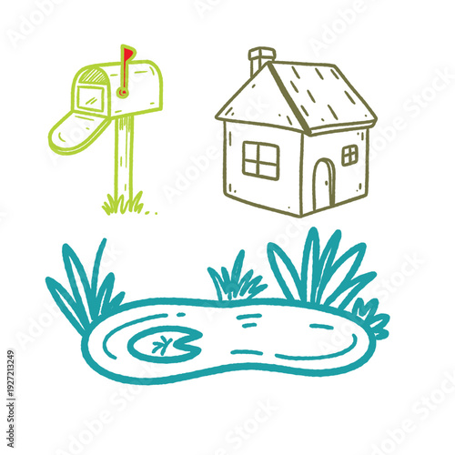 A house is shown with a mailbox and a pond in the background. The house is brown and white