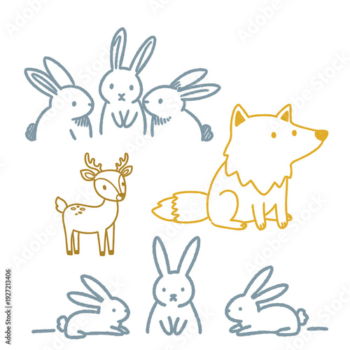 A drawing of a fox and deer with a rabbit in the foreground. The fox is sitting and the deer is standing