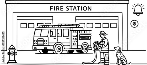 Outline illustration of a fire station with a fire truck, a firefighter rolling a hose, and a loyal Dalmatian dog. The scene depicts readiness and community service in a clear, friendly style.