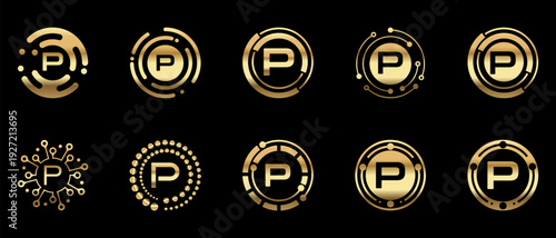 Luxury gold letter P logo collection with modern circular and tech-inspired designs. Elegant metallic monogram icons on black background for premium branding, technology, finance, and digital identity