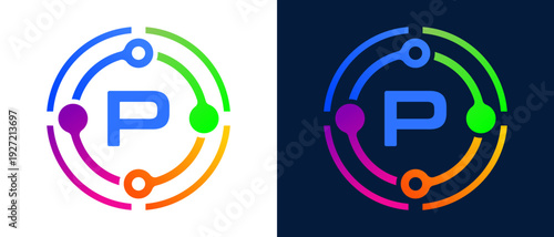 Modern letter “P” logo with colorful circular connection elements, representing digital technology, network connectivity, innovation, and smart systems.