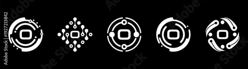 Set of minimalist letter O technology logos in monochrome style. Abstract circular and network shapes represent digital systems, AI, innovation, and modern tech branding on black background