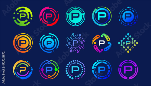 Collection of colorful letter P technology logos with circular, network, and digital elements. Modern abstract symbols for AI, innovation, startups, apps, and futuristic tech branding.