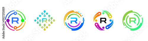 Set of abstract letter R technology logos with colorful gradients and circular network elements. Modern futuristic symbols for AI, digital innovation, branding, apps, and tech companies