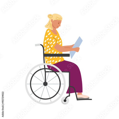 Woman in wheelchair reads document. Concept of disability support. Vector illustration medicine, tests, data.