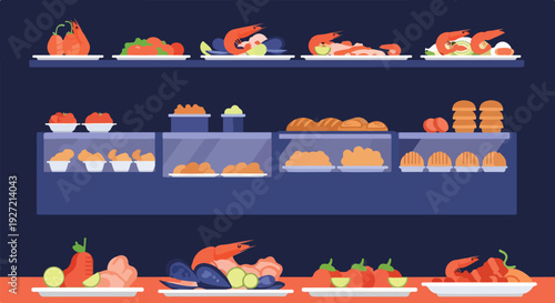 A stylized vector illustration of a buffet or deli counter displaying a variety of food items like seafood, vegetables, and baked goods.
