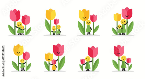 Cute cartoon heart character set with various emotions and leaf tops.