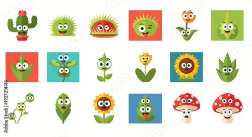 A collection of cute cartoon flowers with expressive emoji faces.