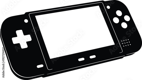Black silhouette of a handheld gaming console with a blank screen buttons and controls on transparent background high quality professional detailed