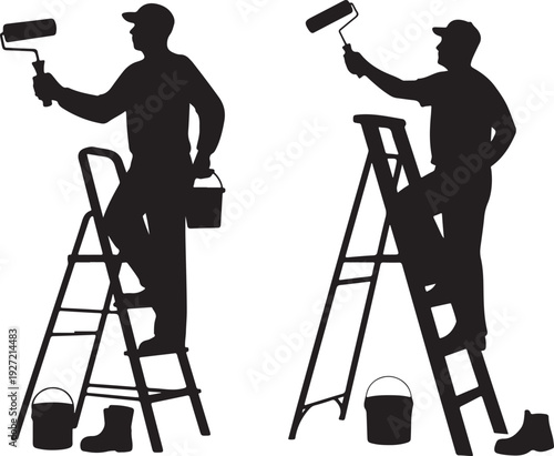Painters with ladders and buckets, silhouettes applying paint, vector art