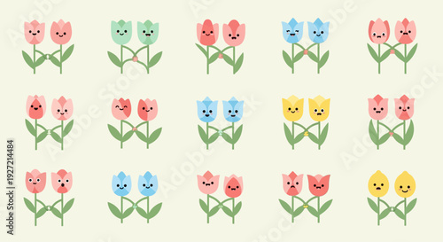 Smiling Cute Tulip Characters Vector Illustration Set